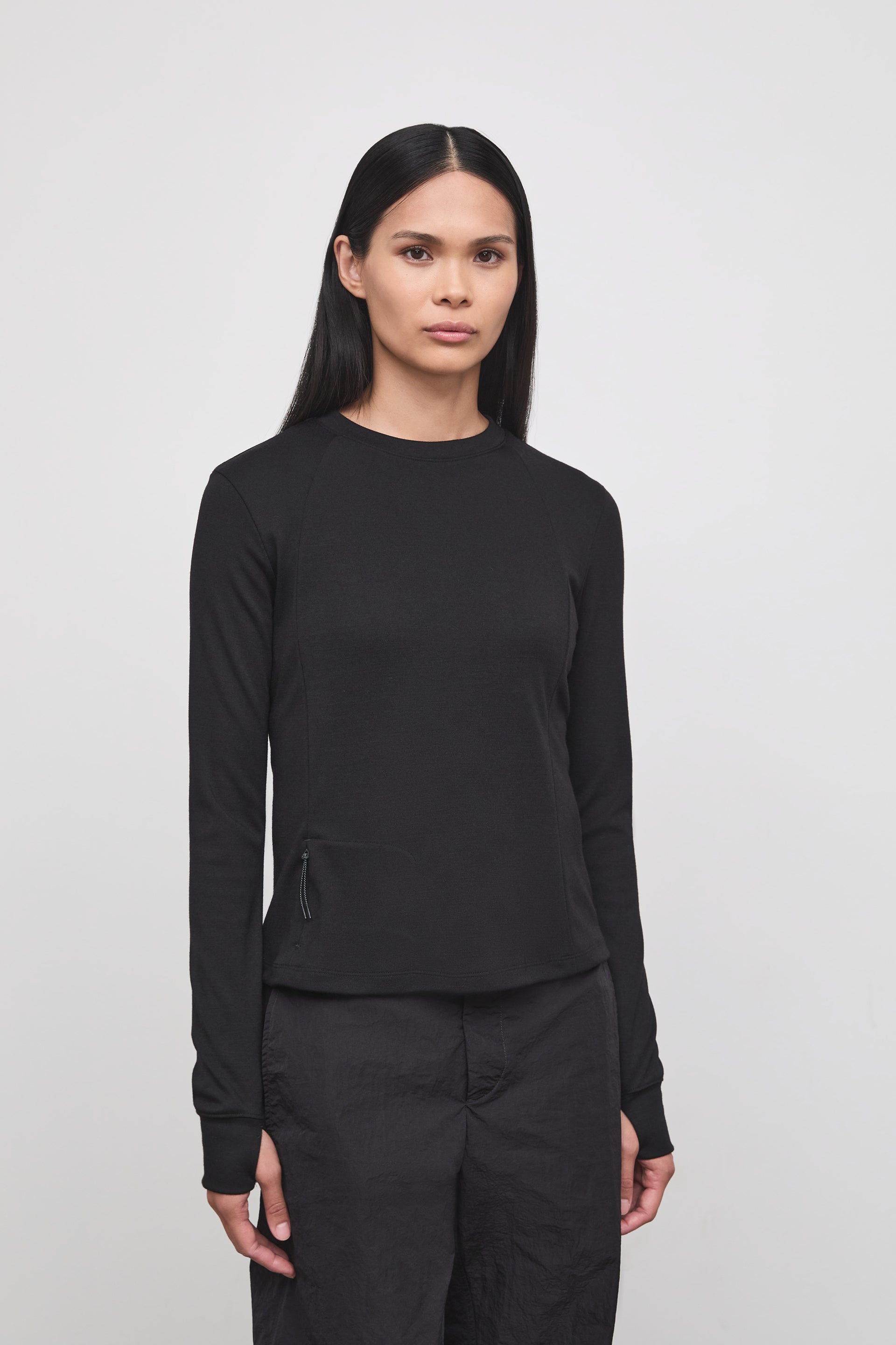 Literary Sport - Anne Womens Long Sleeve Crewneck Running T-Shirt - Black - Front Closeup