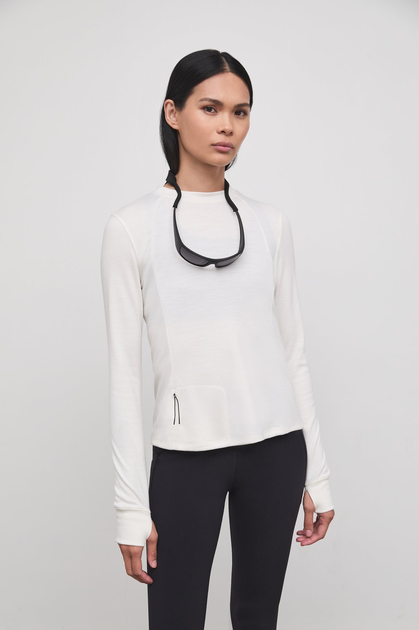 Literary Sport - Anne Womens Long Sleeve Crewneck Running T-Shirt - Bone Off-White - Front Closeup
