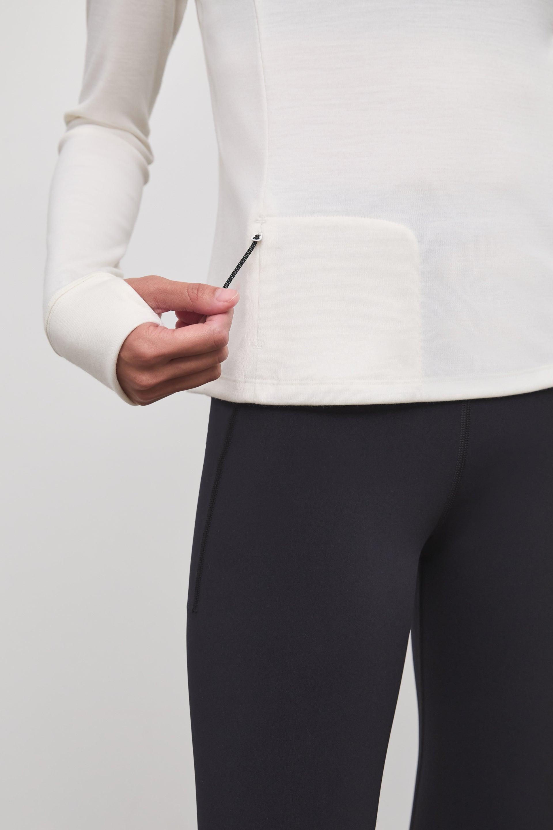 Literary Sport - Anne Womens Long Sleeve Crewneck Running T-Shirt - Bone Off-White - Pocket Detail