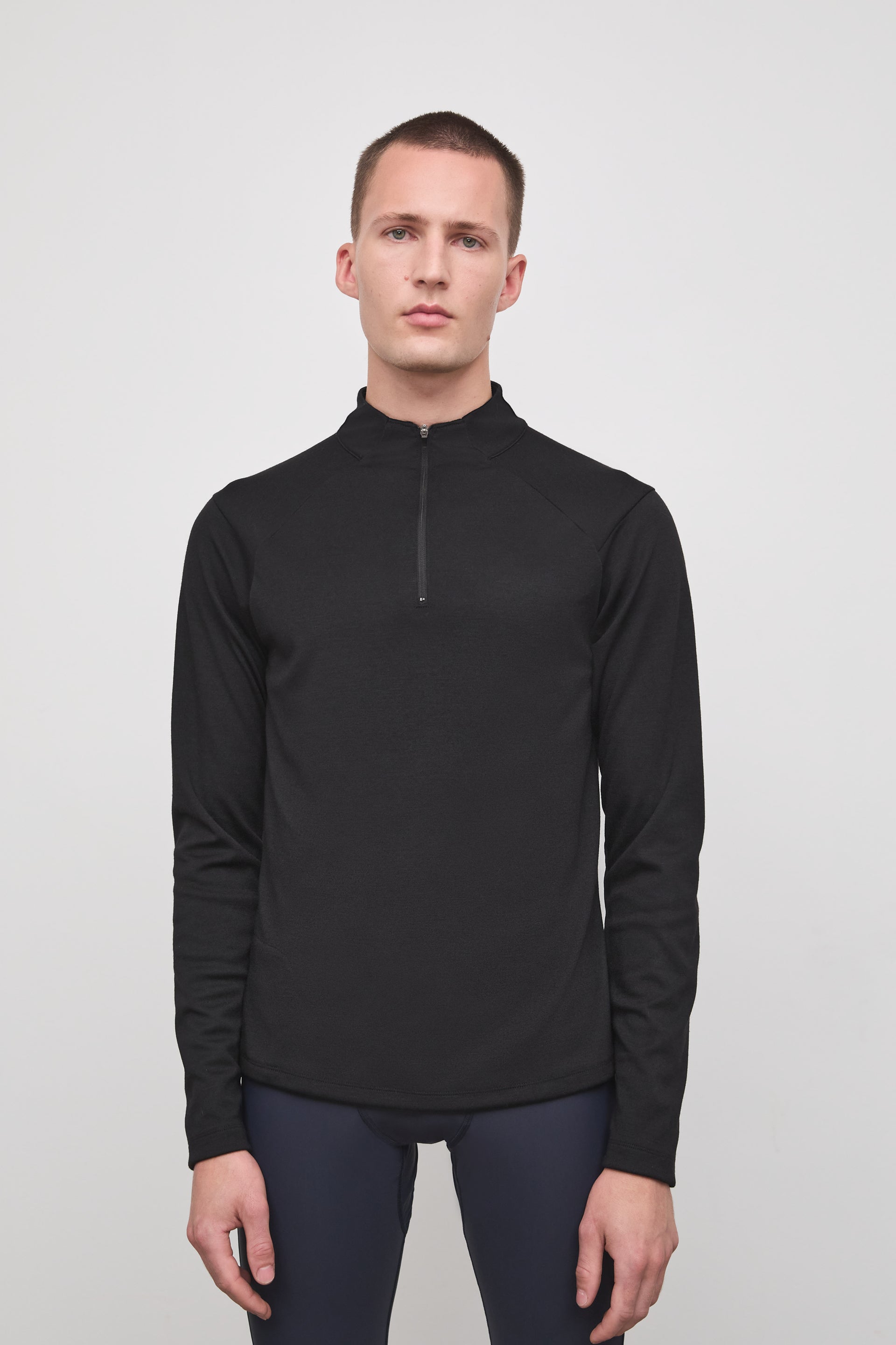 Literary Sport - Claude Mens Quarter Zip Running Long Sleeve T-Shirt - Black - Front Closeup