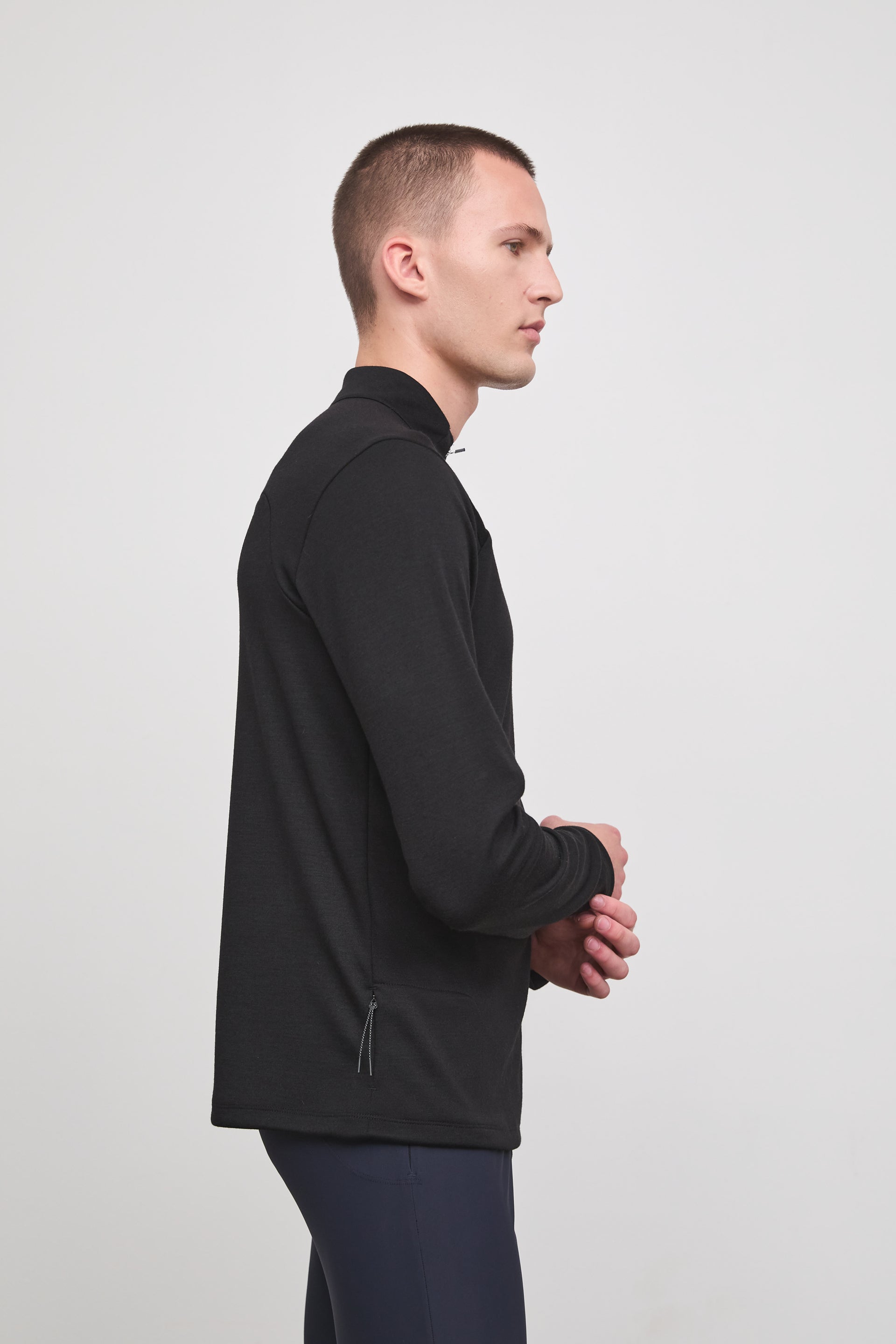 Literary Sport - Claude Mens Quarter Zip Running Long Sleeve T-Shirt - Black - Side