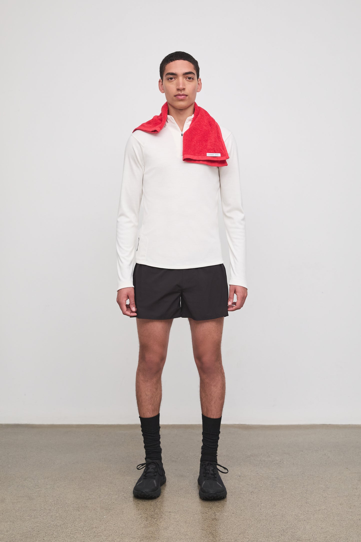 Literary Sport - Claude Mens Quarter Zip Running Long Sleeve T-Shirt - Bone Off-White - Front