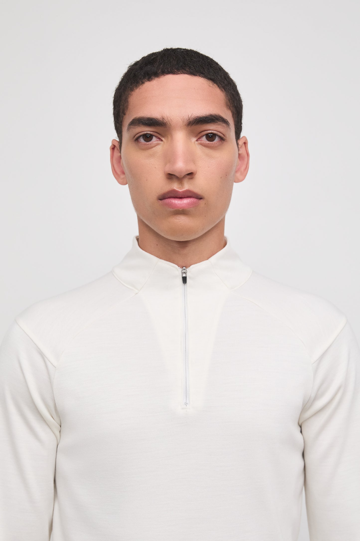 Literary Sport - Claude Mens Quarter Zip Running Long Sleeve T-Shirt - Bone Off-White - Front Closeup