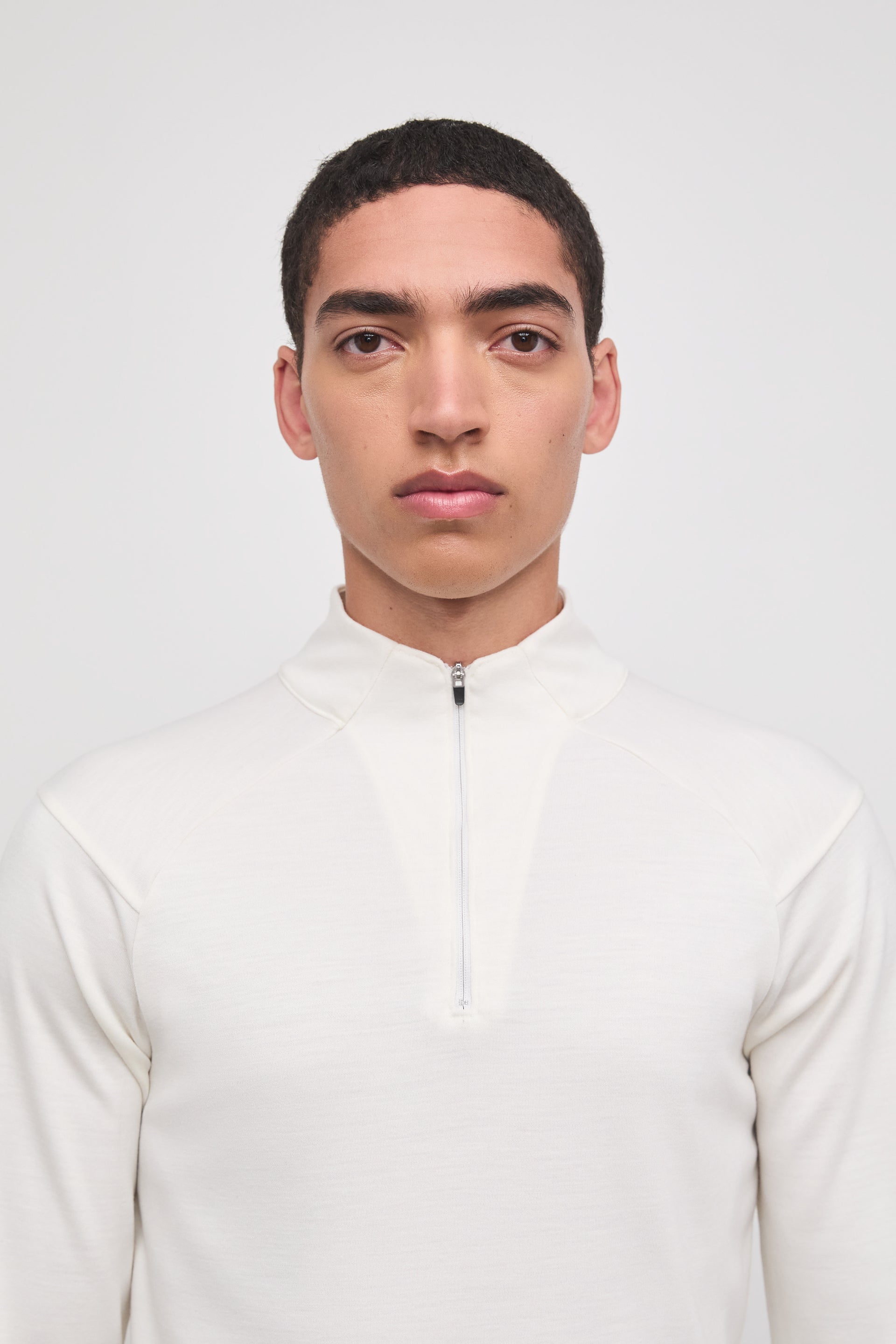 Literary Sport - Claude Mens Quarter Zip Running Long Sleeve T-Shirt - Bone Off-White - Front Closeup