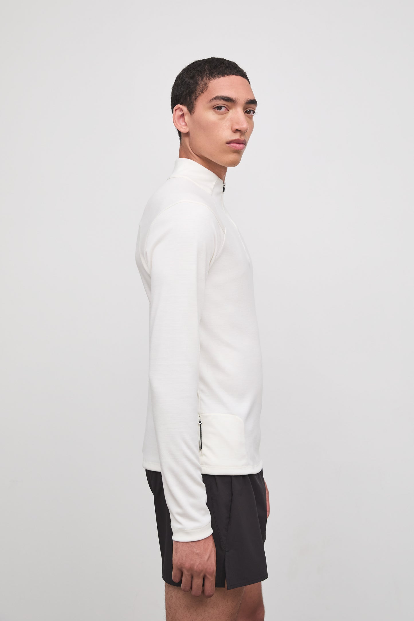 Literary Sport - Claude Mens Quarter Zip Running Long Sleeve T-Shirt - Bone Off-White - Side