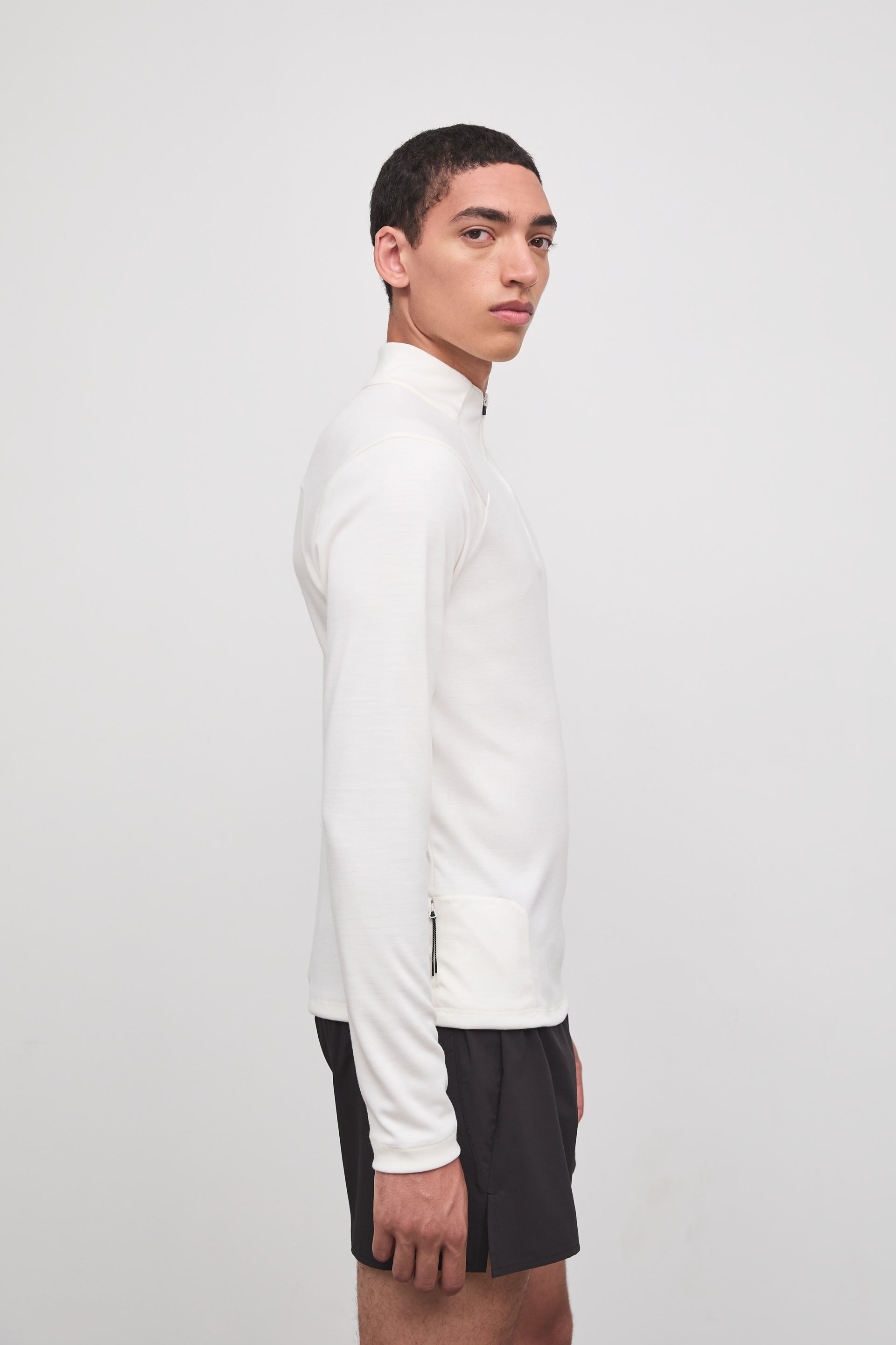 Literary Sport - Claude Mens Quarter Zip Running Long Sleeve T-Shirt - Bone Off-White - Side