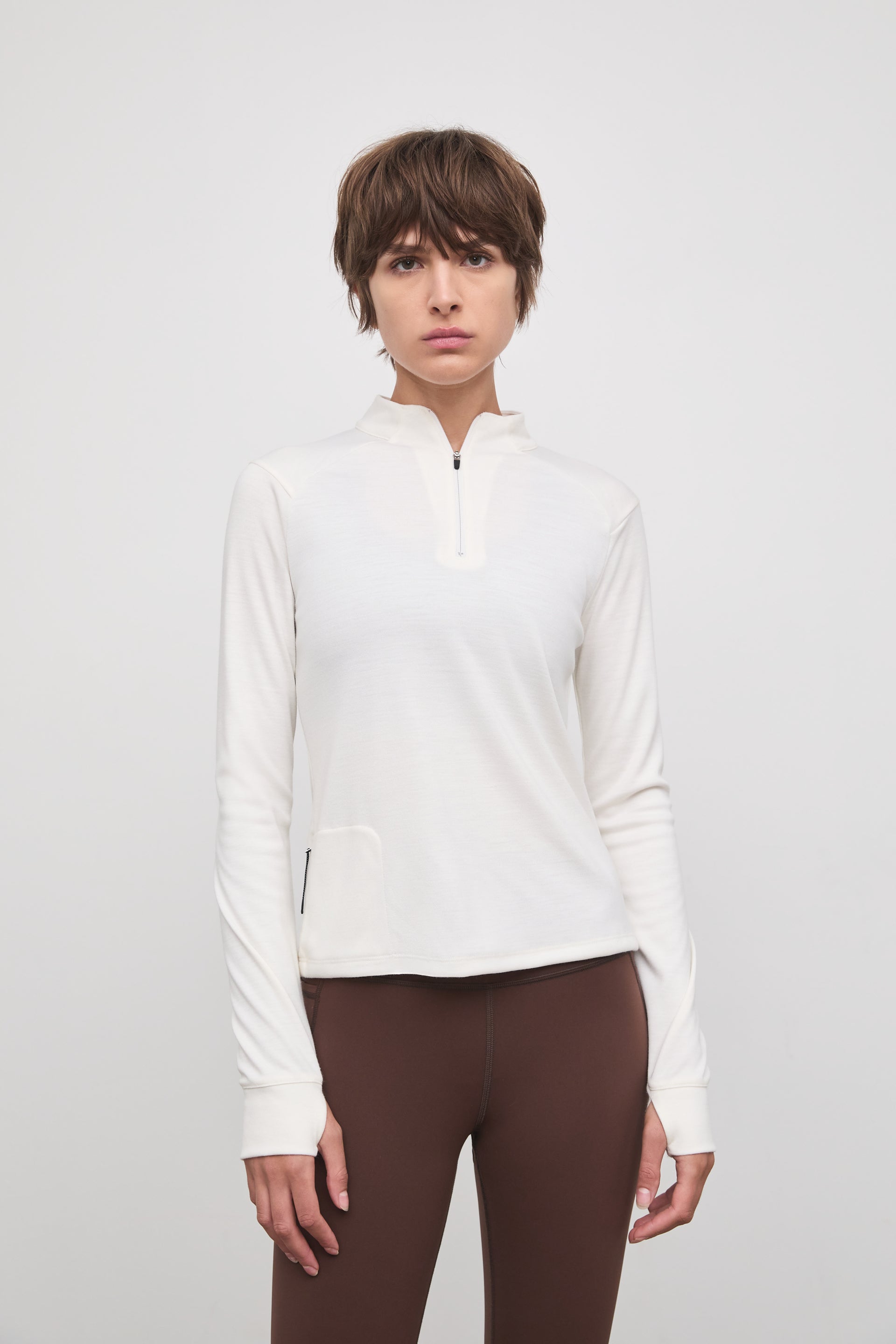 Literary Sport - Jorie Womens Long Sleeve Quarter Zip Running T-Shirt - Bone Off-White - Front