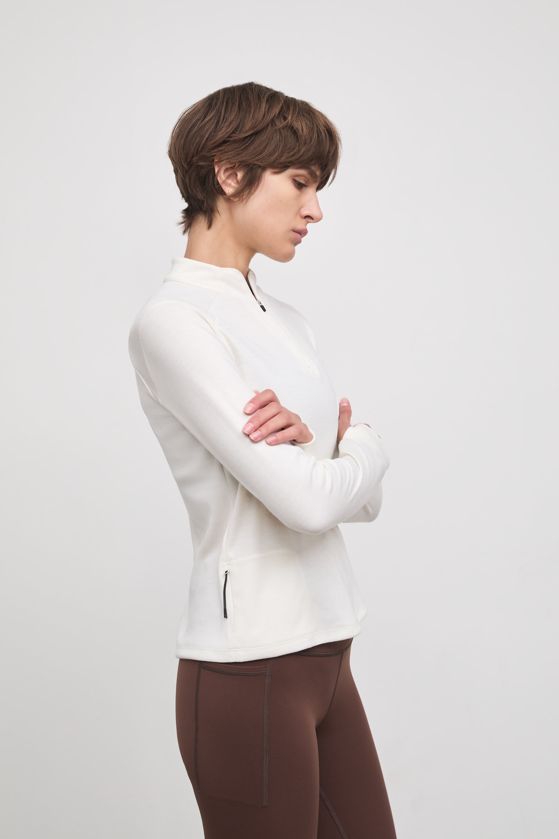 Literary Sport - Jorie Womens Long Sleeve Quarter Zip Running T-Shirt - Bone Off-White - Side