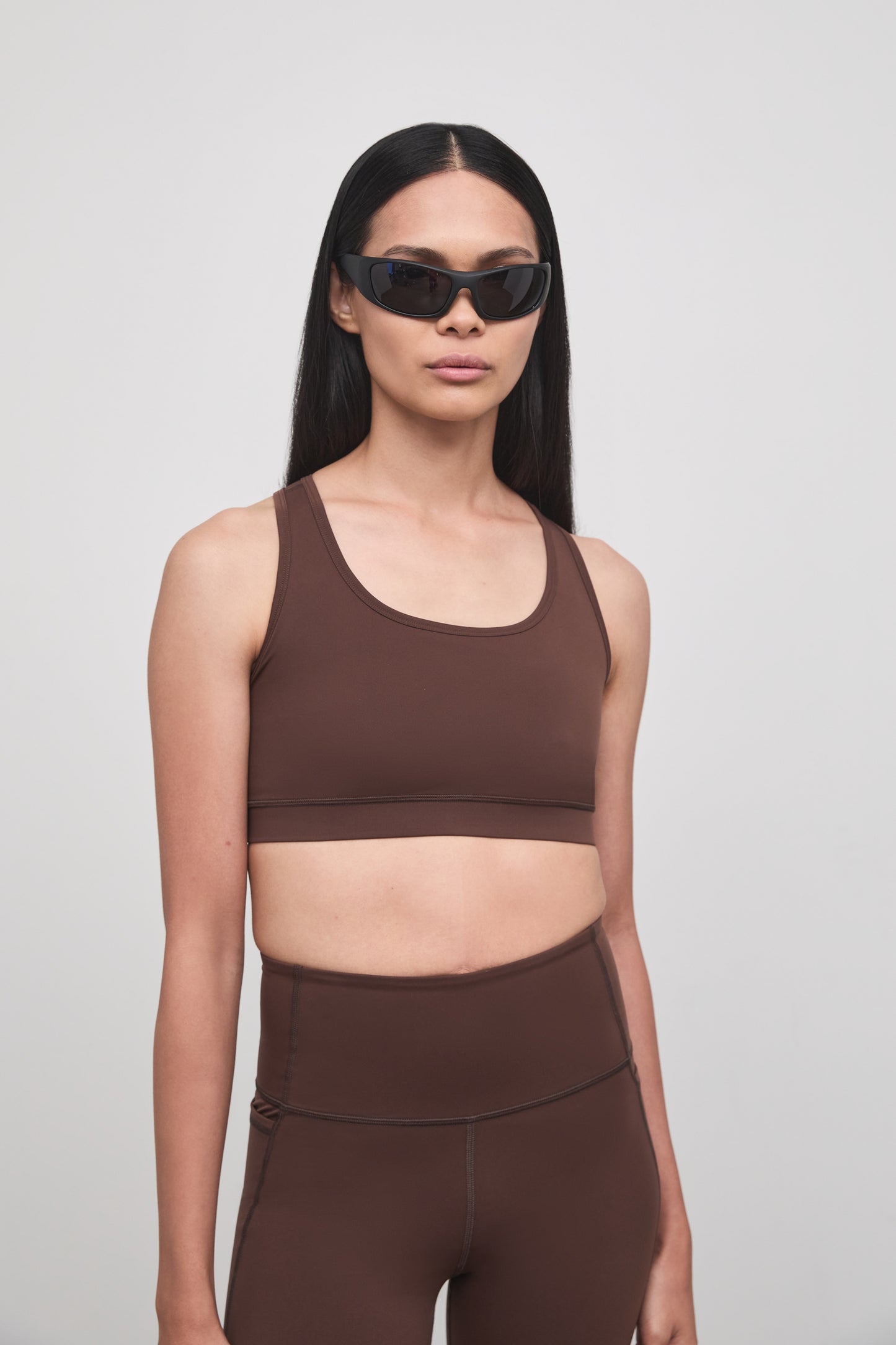 Literary Sport - O'Hara Womens Medium Impact Sports Bra - Umber Chocolate Brown - Front Closeup