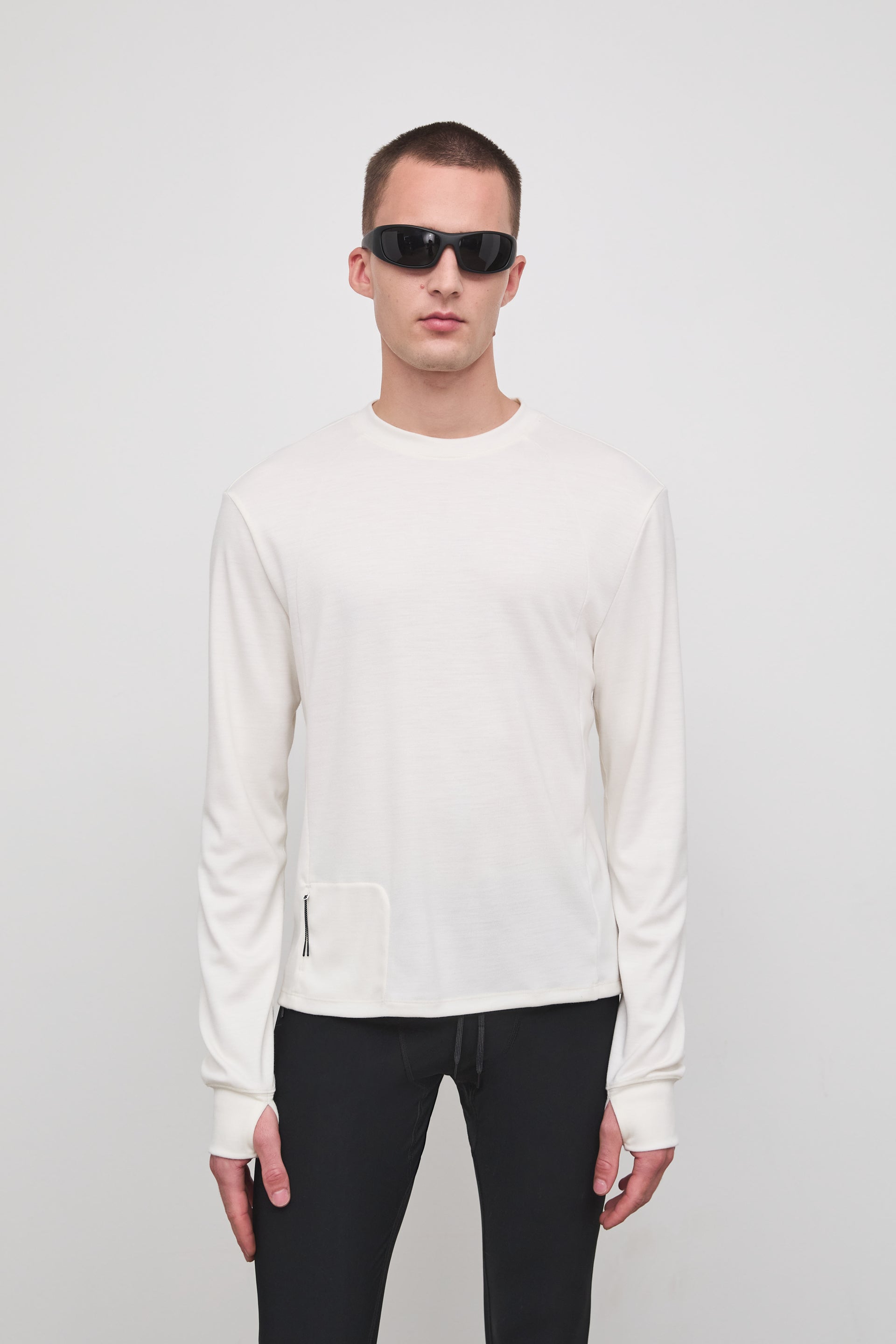 Literary Sport - Whit Mens Long Sleeve COOLMAX® Running T-Shirt - Bone Off-White - Front Closeup