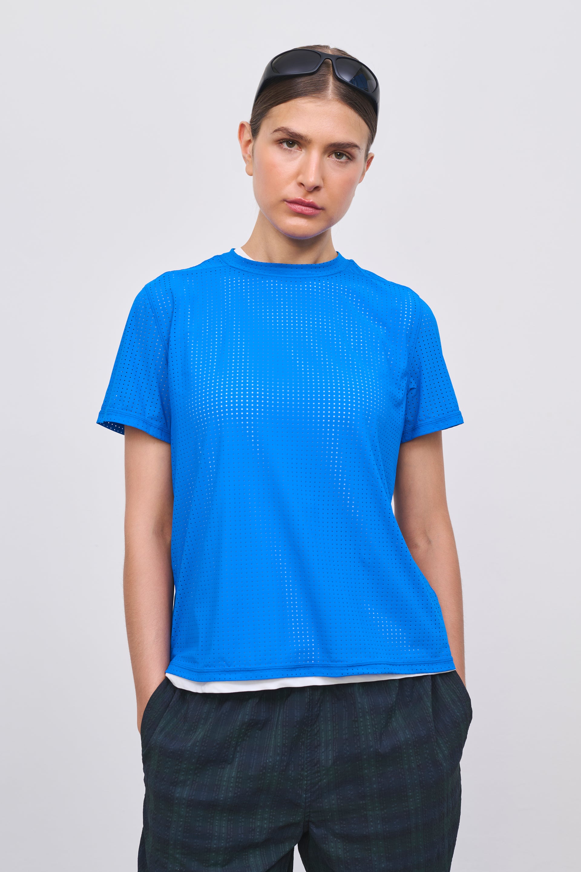 Literary Sport | Womens Magda Perforated Run T-Shirt in Lapis