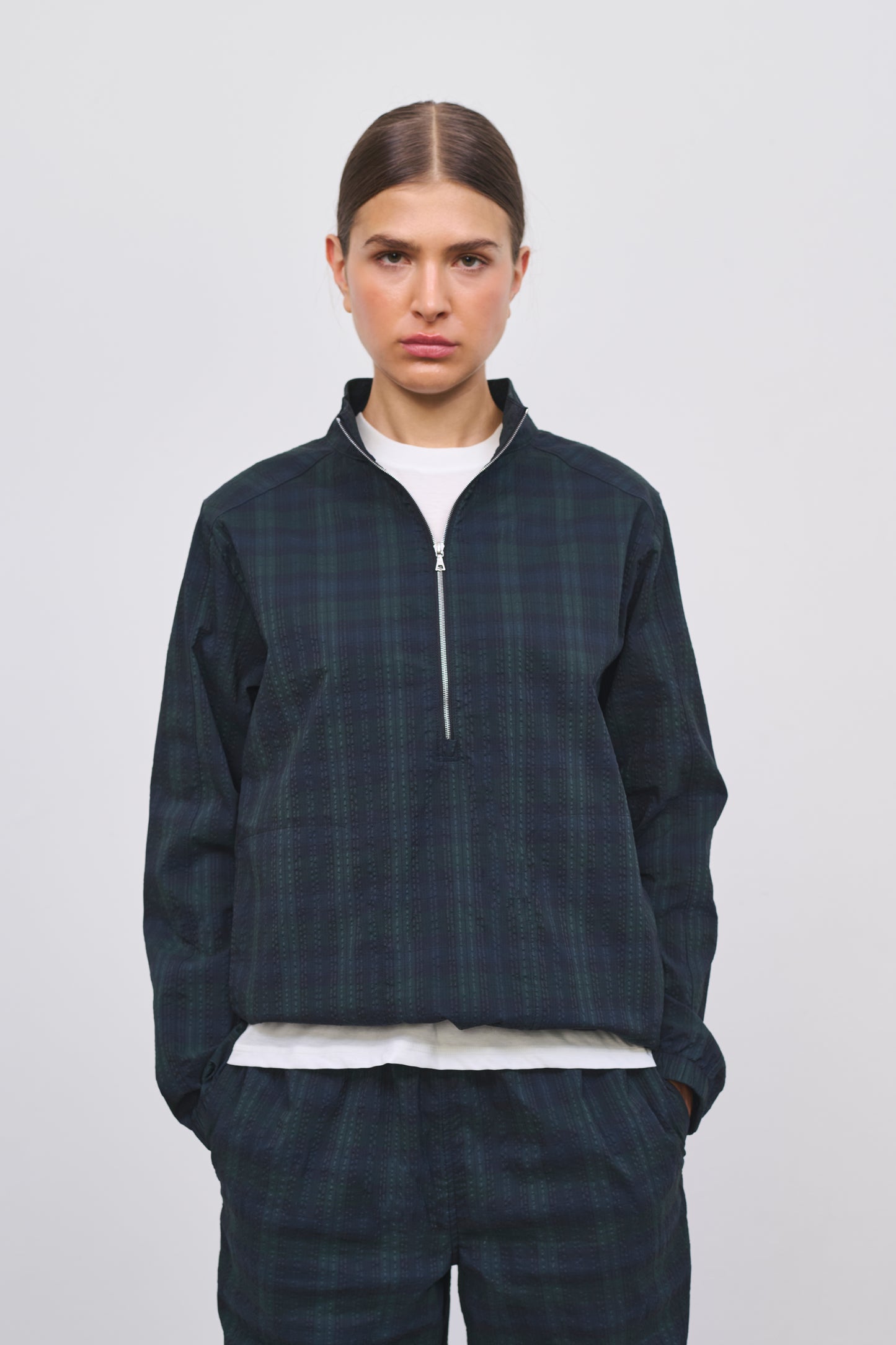 Literary Sport | Women's Long Sleeve Half-Zip Running Jacket - Virgina Half Zip in Green Blackwatch Tartan