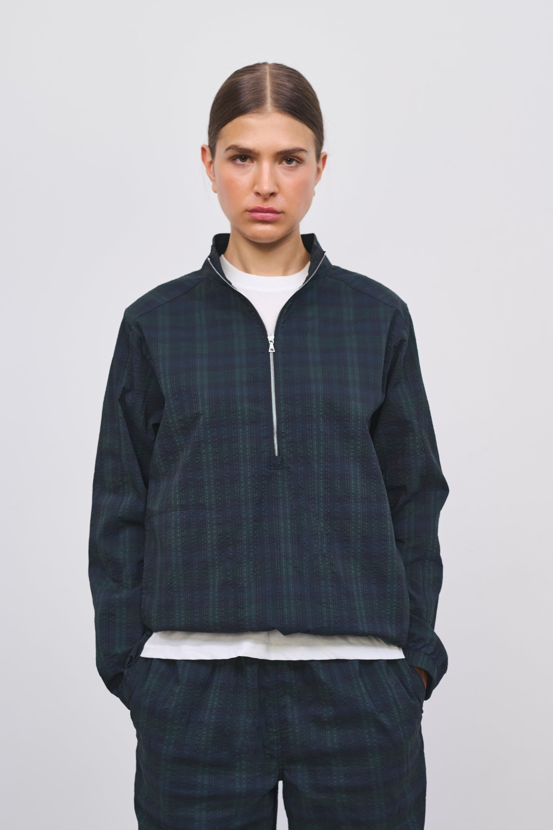 Literary Sport | Women's Long Sleeve Half-Zip Running Jacket - Virgina Half Zip in Green Blackwatch Tartan